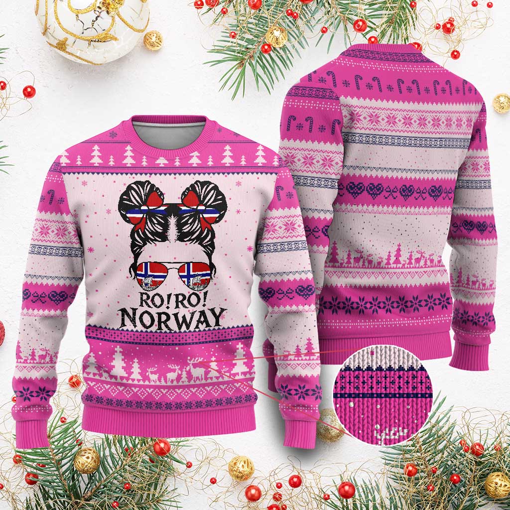 Ro Ro Norwegian Viking Ship Ugly Christmas Sweater Norway Flag Messy Bun Girl TS14 Hot Pink Print Your Wear