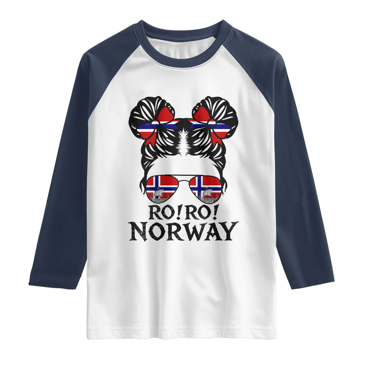 Ro Ro Norwegian Viking Ship Raglan Shirt Norway Flag Messy Bun Girl TS14 White Navy Print Your Wear