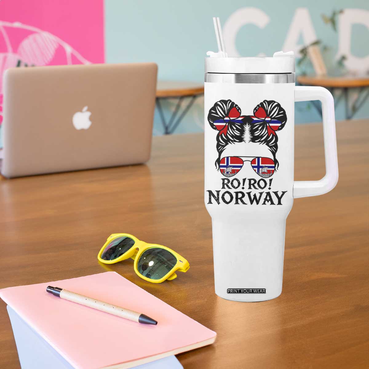 Ro Ro Norwegian Viking Ship Tumbler With Handle Norway Flag Messy Bun Girl TS14 Print Your Wear
