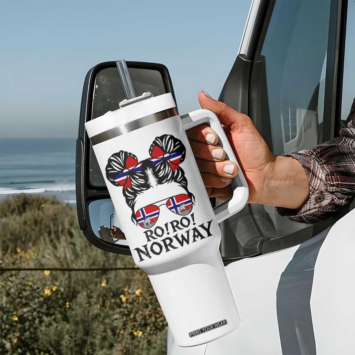 Ro Ro Norwegian Viking Ship Tumbler With Handle Norway Flag Messy Bun Girl TS14 Print Your Wear
