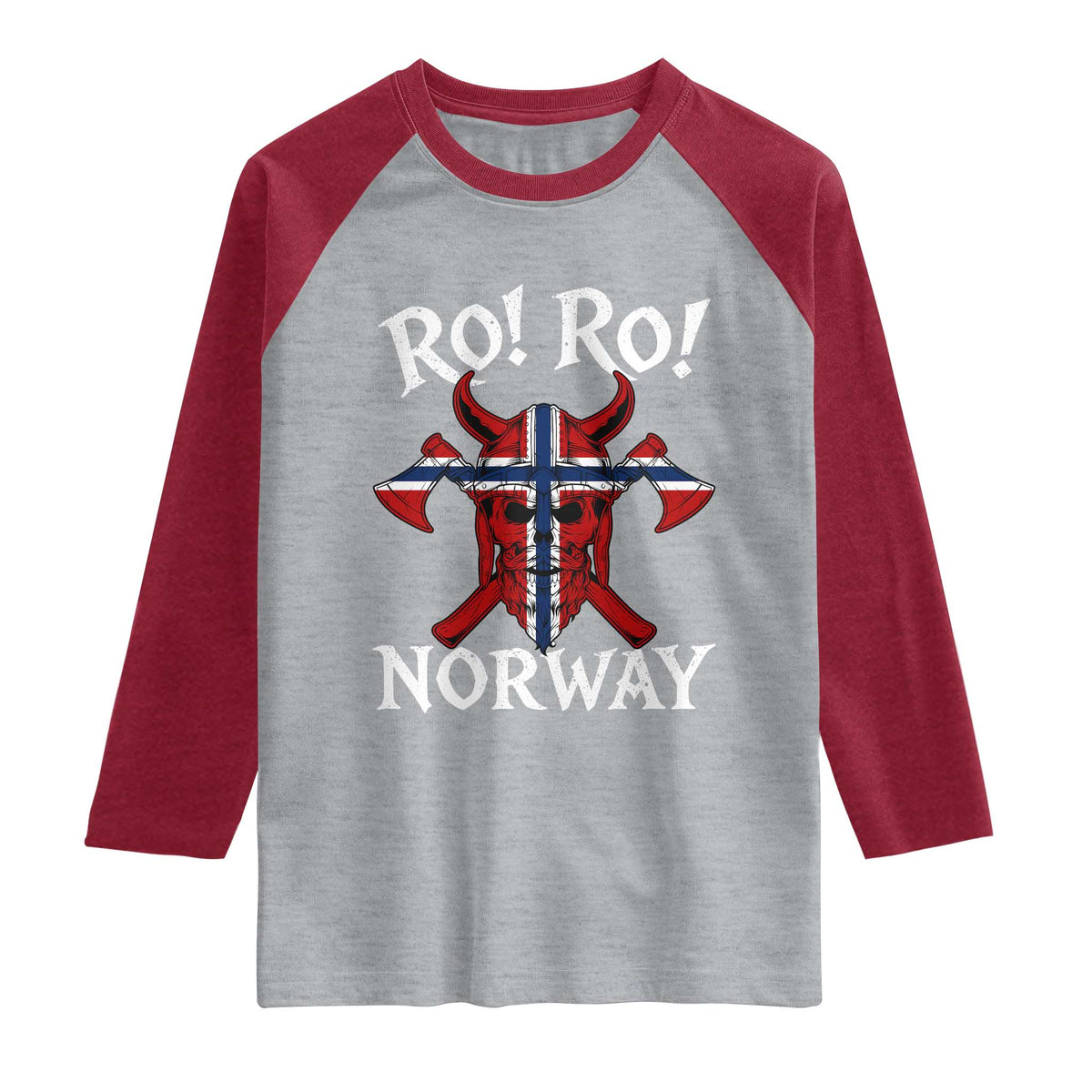 Ro Ro Norwegian Viking Blood Skull Norway Flag Pride Raglan Shirt TS14 Heather Gray Heather Red Print Your Wear