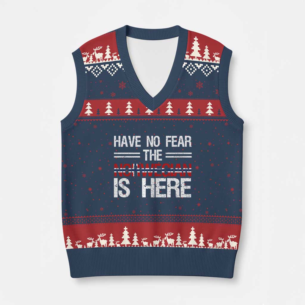 Have No Fear The Norwegian is Here V-Neck Knit Sweater Vest Funny Norway Herriatge Gift TS14 Navy Red Print Your Wear