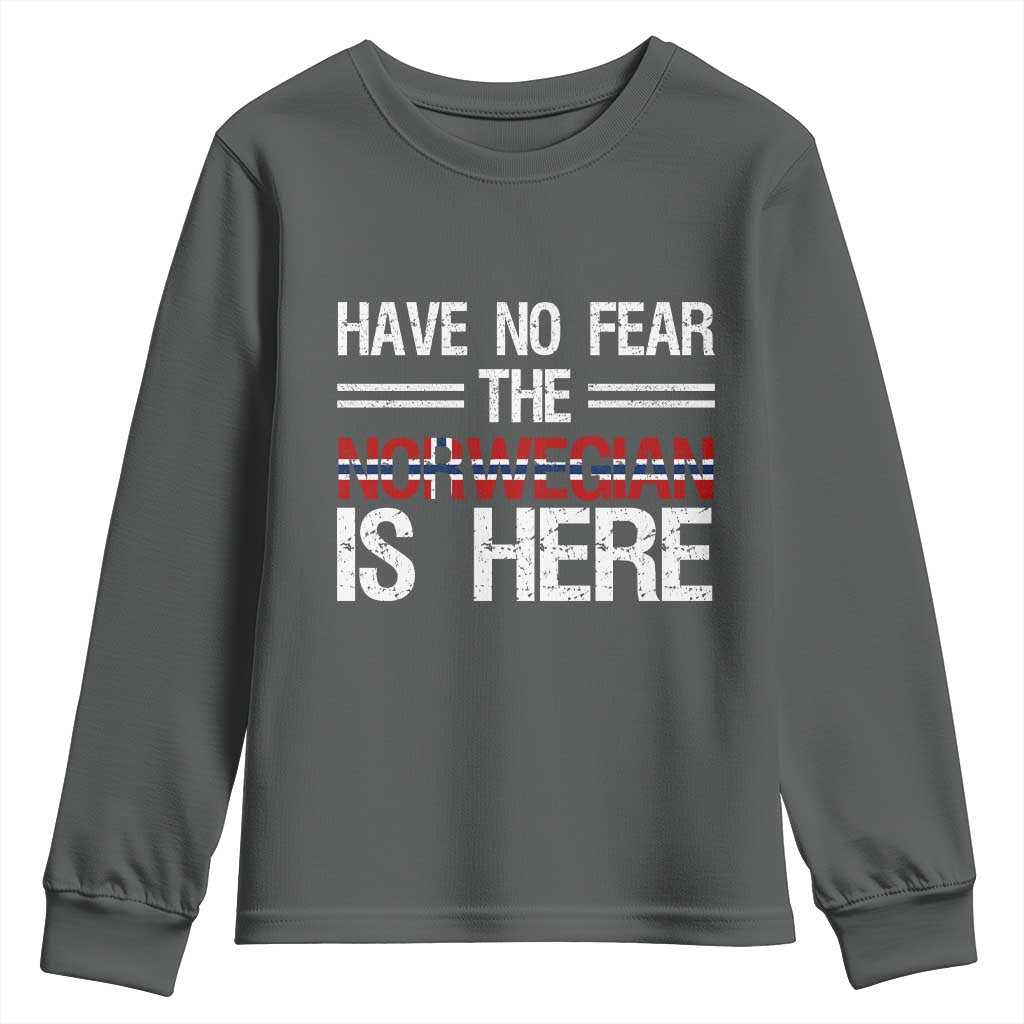 Have No Fear The Norwegian is Here Youth Sweatshirt Funny Norway Herriatge Gift TS14 Dark Heather Print Your Wear