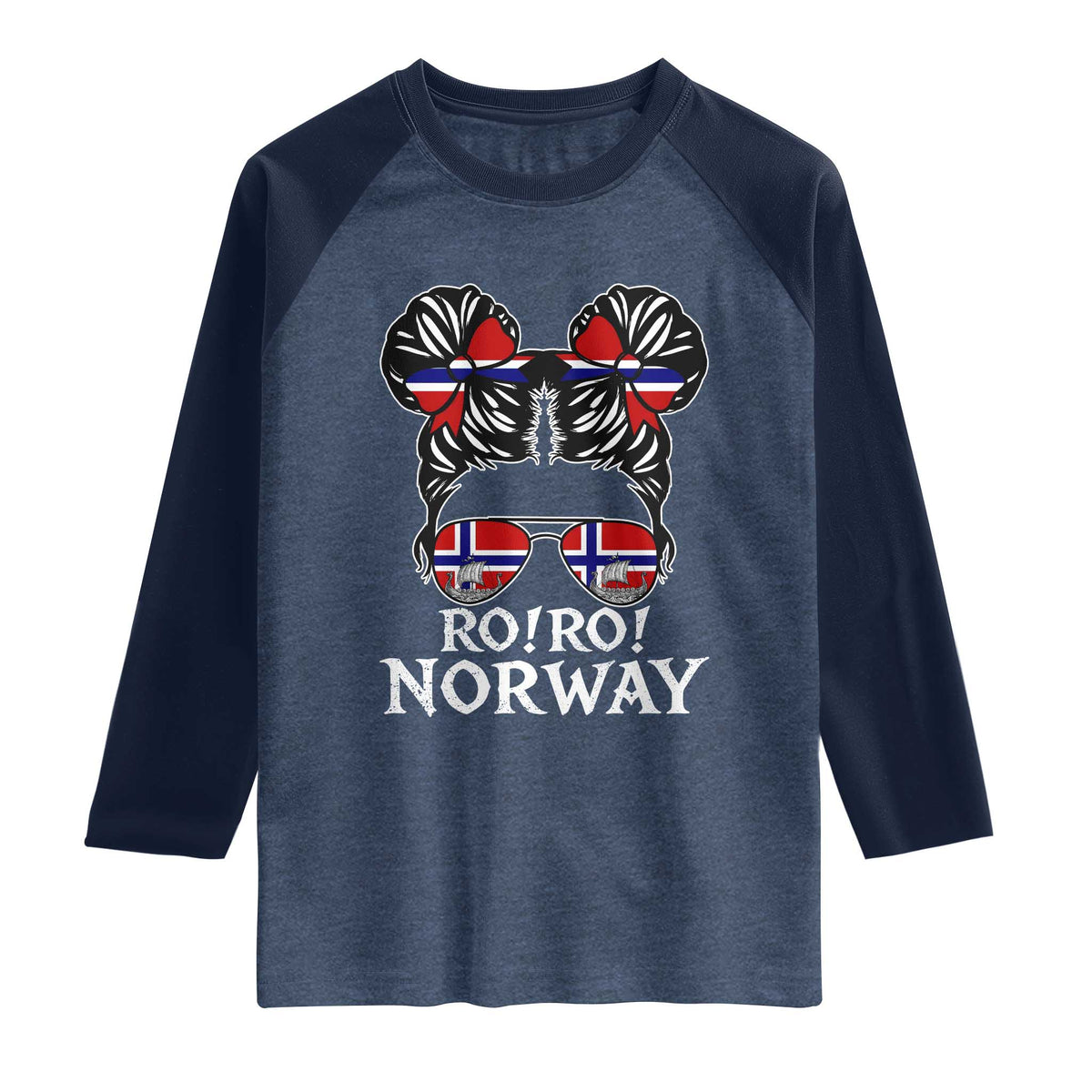 Ro Ro Norwegian Viking Ship Messy Bun Girl Raglan Shirt TS14 Heather Denim Navy Print Your Wear