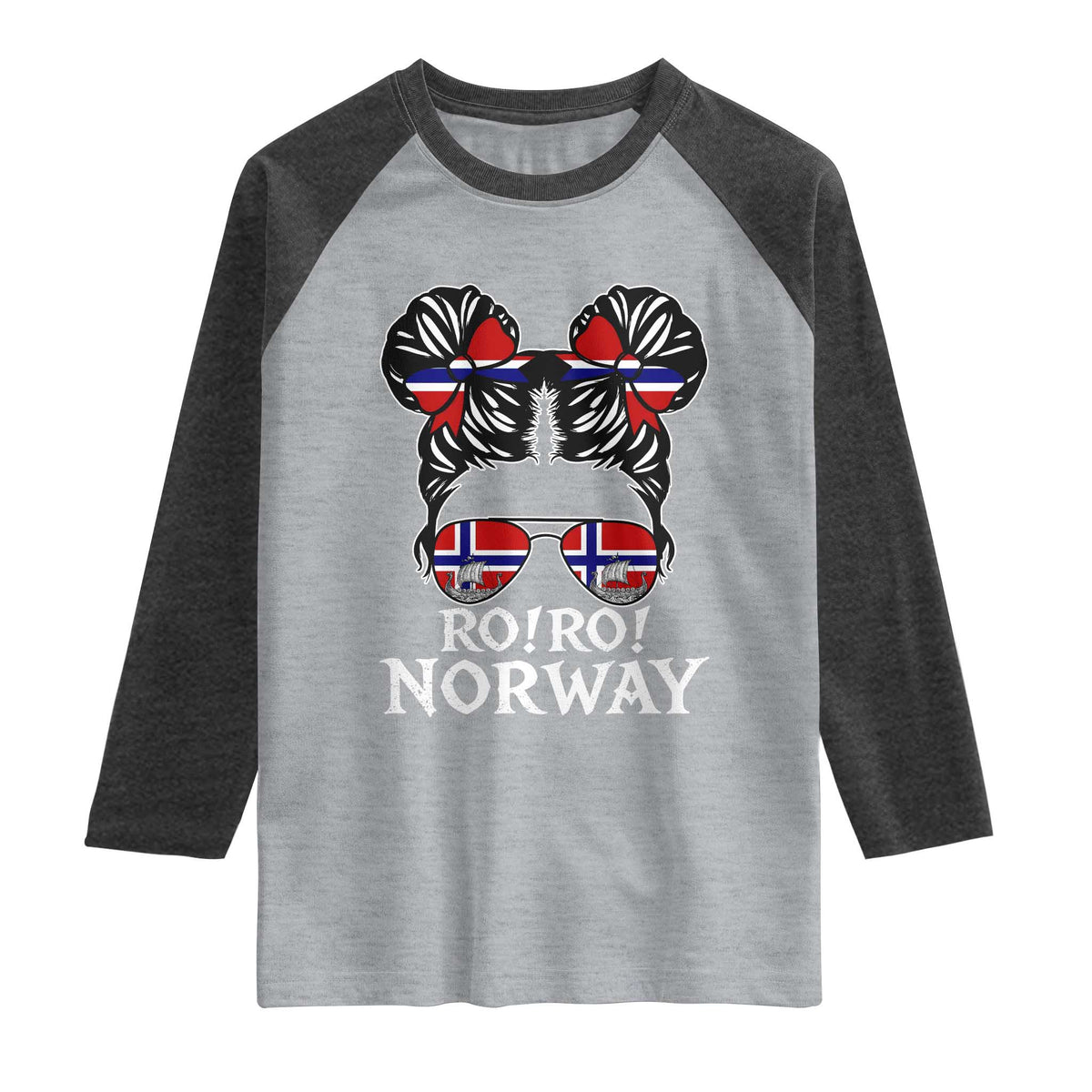 Ro Ro Norwegian Viking Ship Messy Bun Girl Raglan Shirt TS14 Heather Gray Heather Charcoal Print Your Wear
