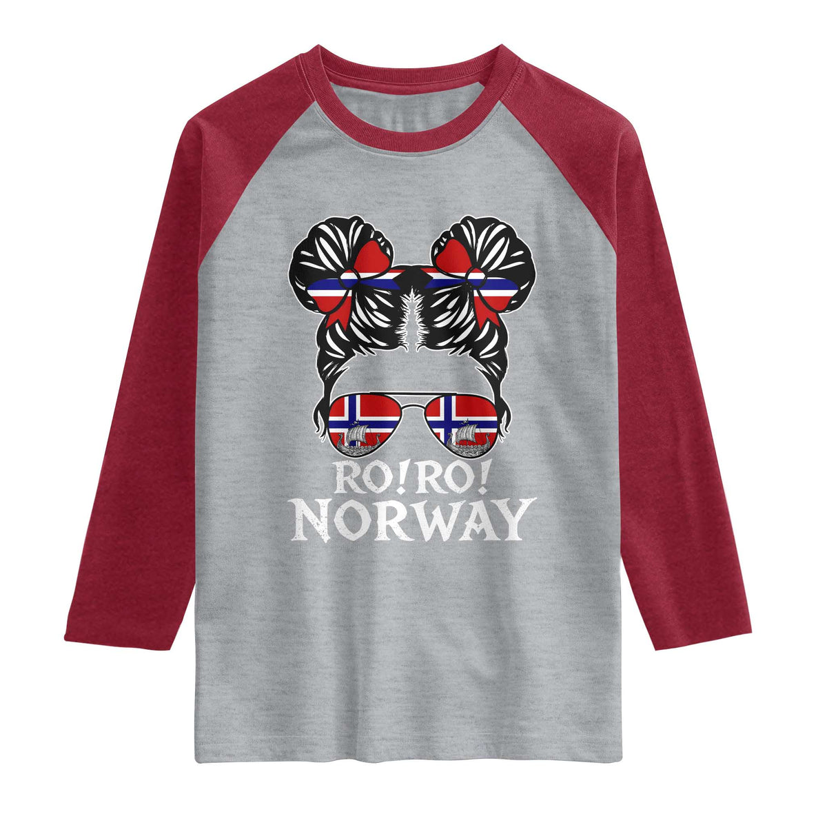 Ro Ro Norwegian Viking Ship Messy Bun Girl Raglan Shirt TS14 Heather Gray Heather Red Print Your Wear