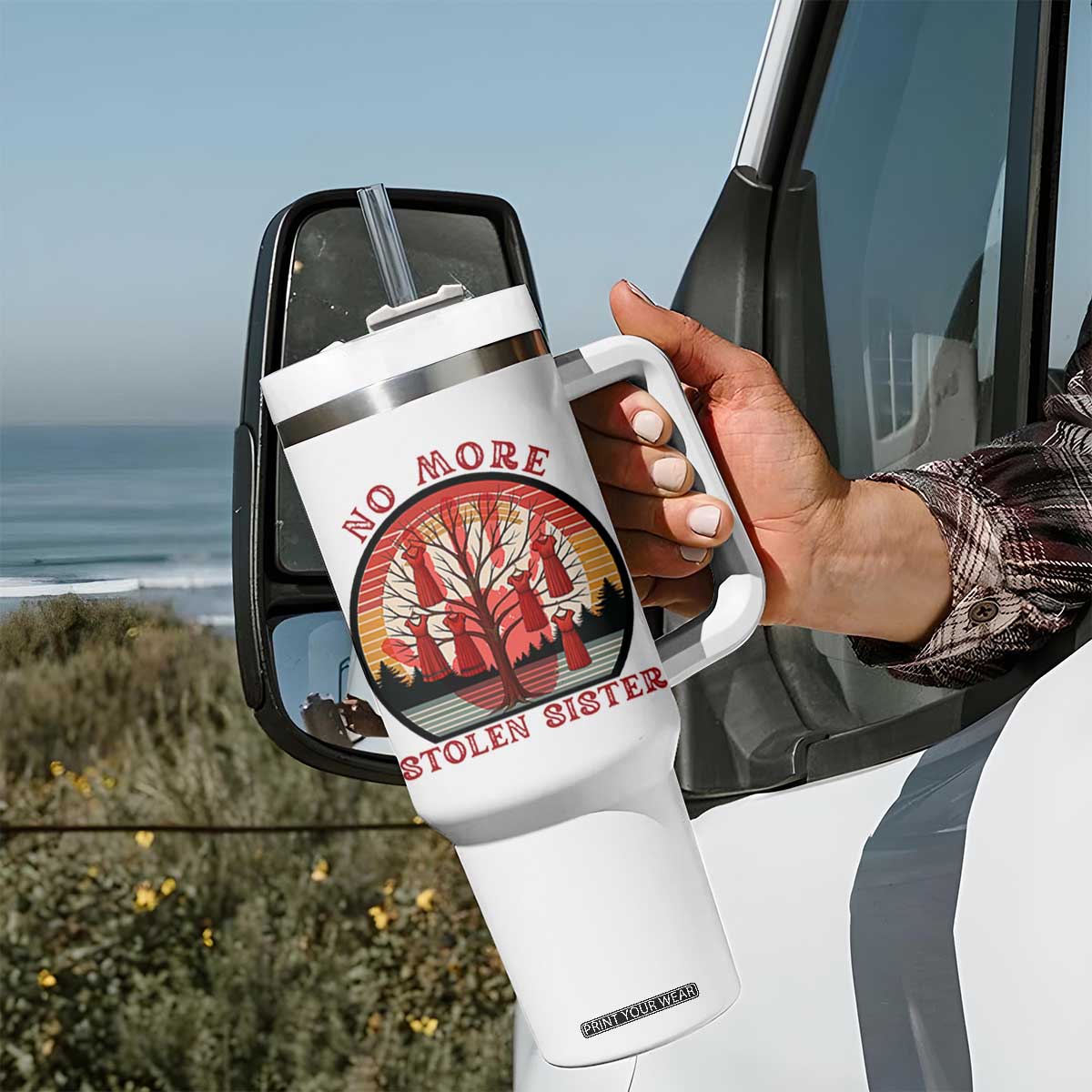 No More Stolen Sister Tumbler With Handle Red Hand MMIW Awareness America Native TS14 Print Your Wear