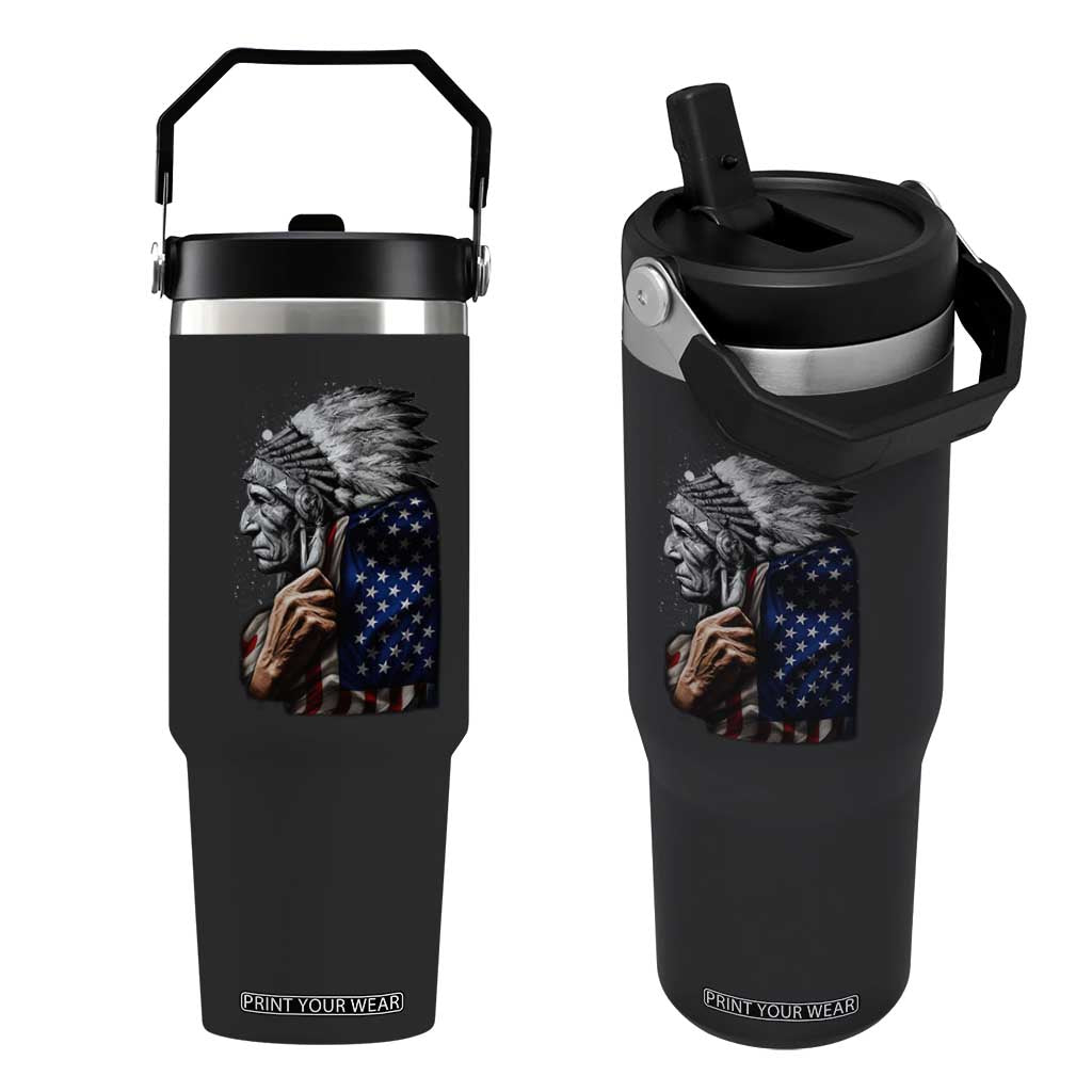 Indian Chief Native American USA Flag Flip Straw Tumbler TS14 One Size: 30 oz Black Print Your Wear
