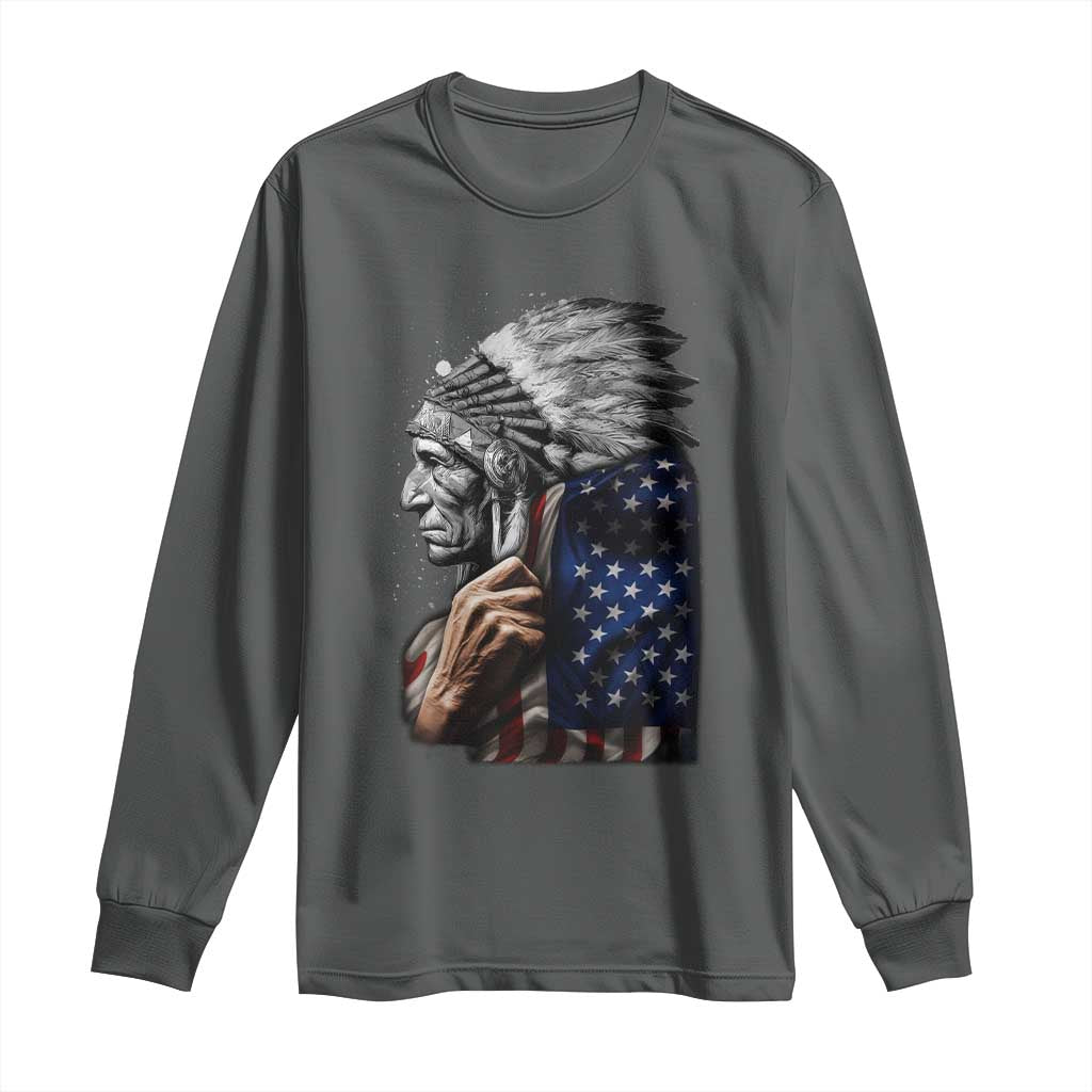 Indian Chief Native American USA Flag Long Sleeve Shirt TS14 Dark Heather Print Your Wear