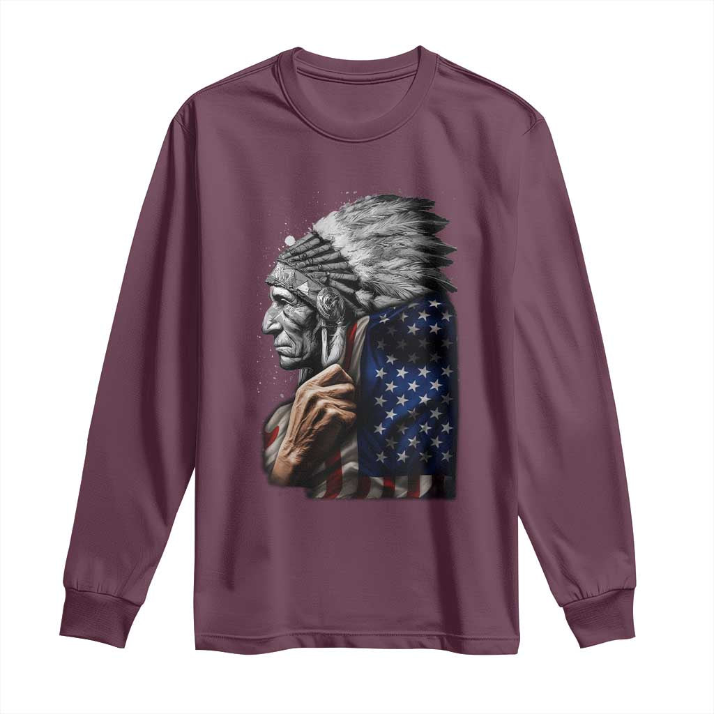 Indian Chief Native American USA Flag Long Sleeve Shirt TS14 Maroon Print Your Wear