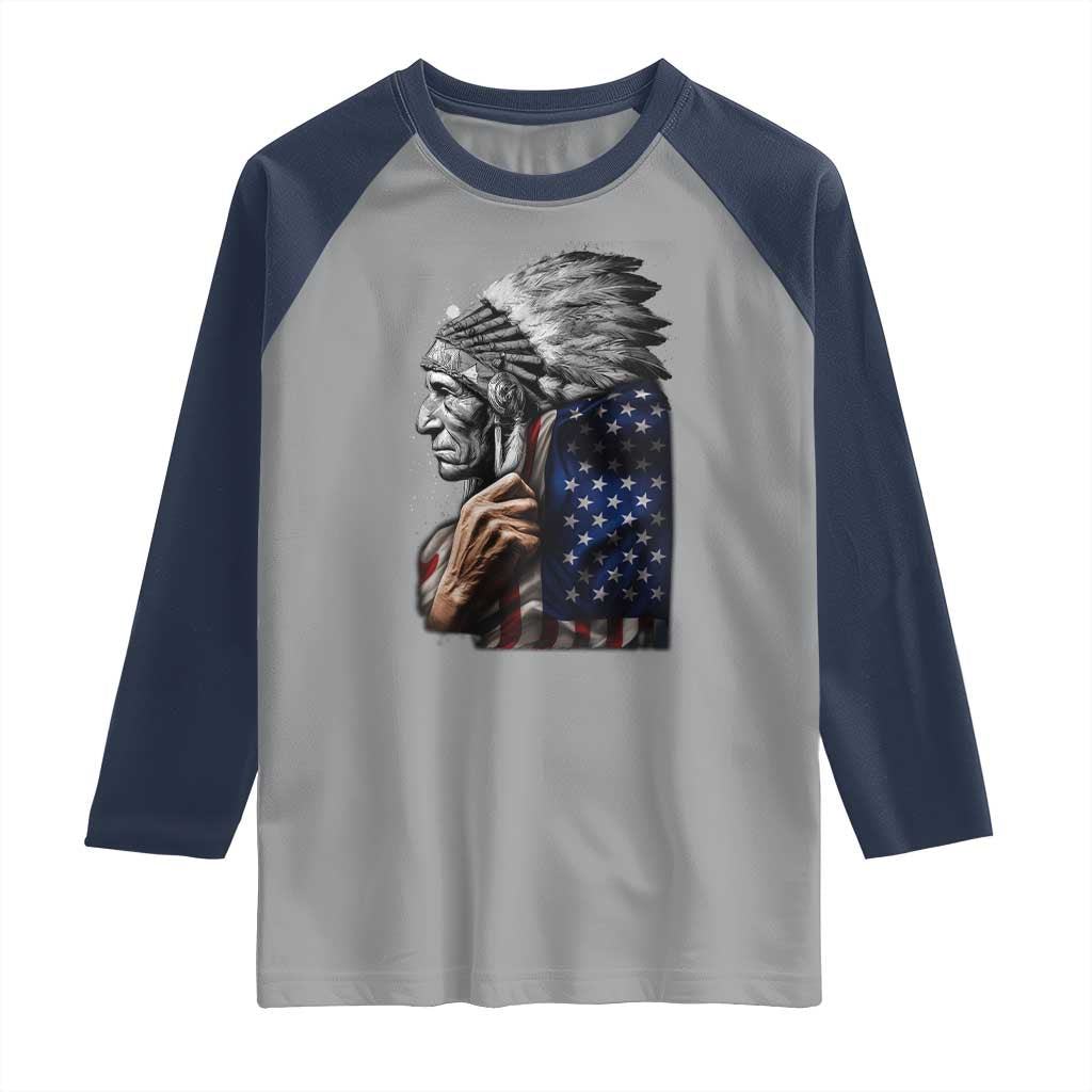 Indian Chief Native American USA Flag Raglan Shirt TS14 Sport Gray Navy Print Your Wear