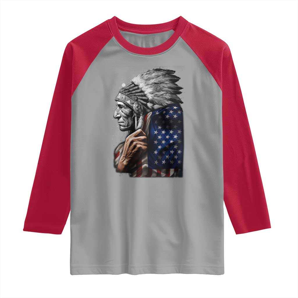 Indian Chief Native American USA Flag Raglan Shirt TS14 Sport Gray Red Print Your Wear