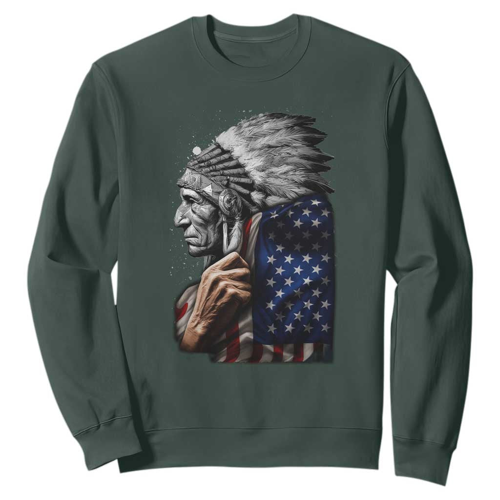 Indian Chief Native American USA Flag Sweatshirt TS14 Dark Forest Green Print Your Wear