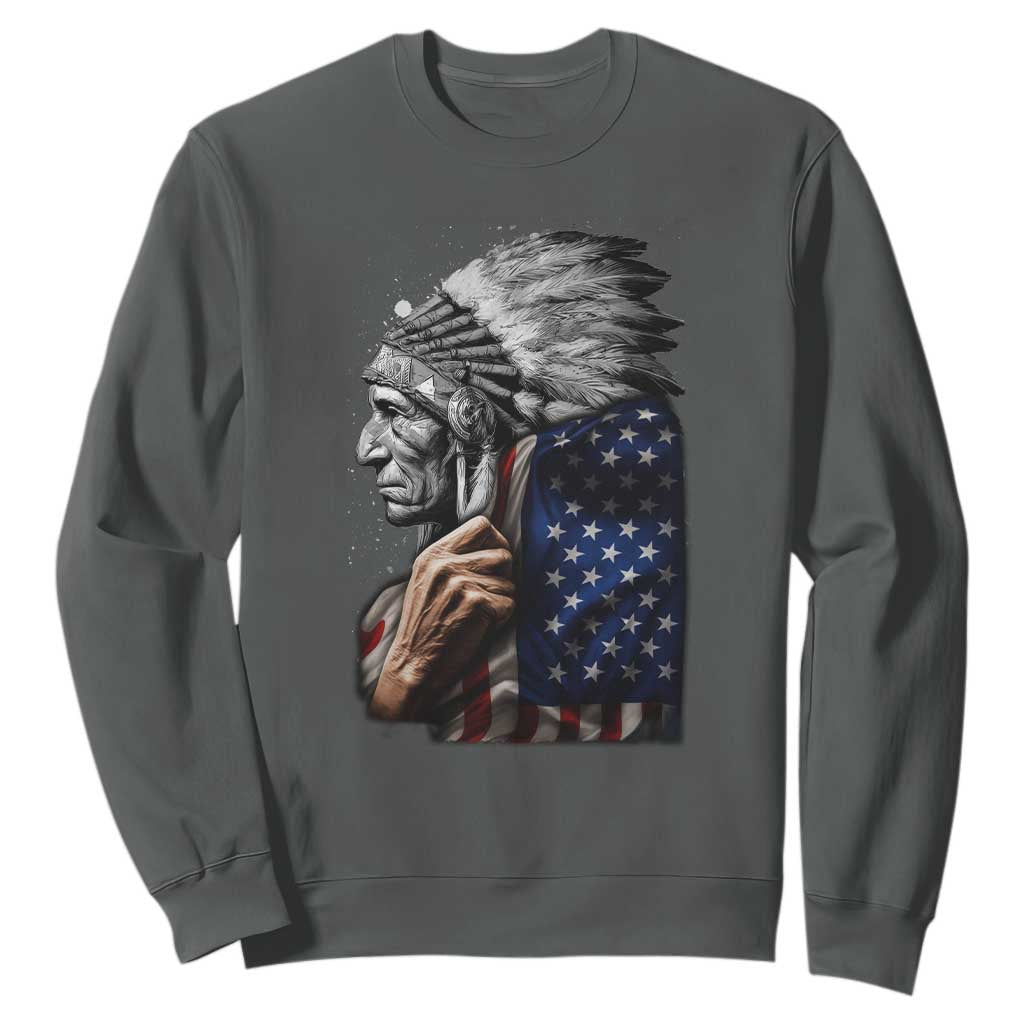 Indian Chief Native American USA Flag Sweatshirt TS14 Dark Heather Print Your Wear