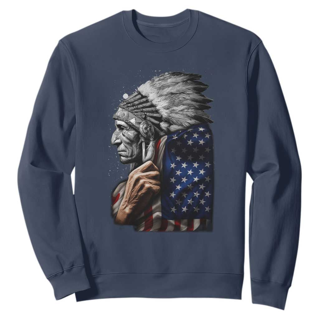 Indian Chief Native American USA Flag Sweatshirt TS14 Navy Print Your Wear