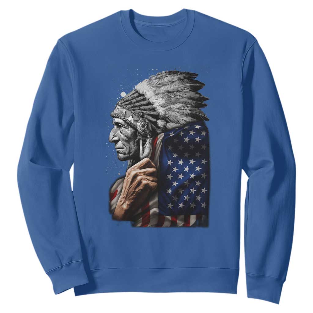 Indian Chief Native American USA Flag Sweatshirt TS14 Royal Blue Print Your Wear
