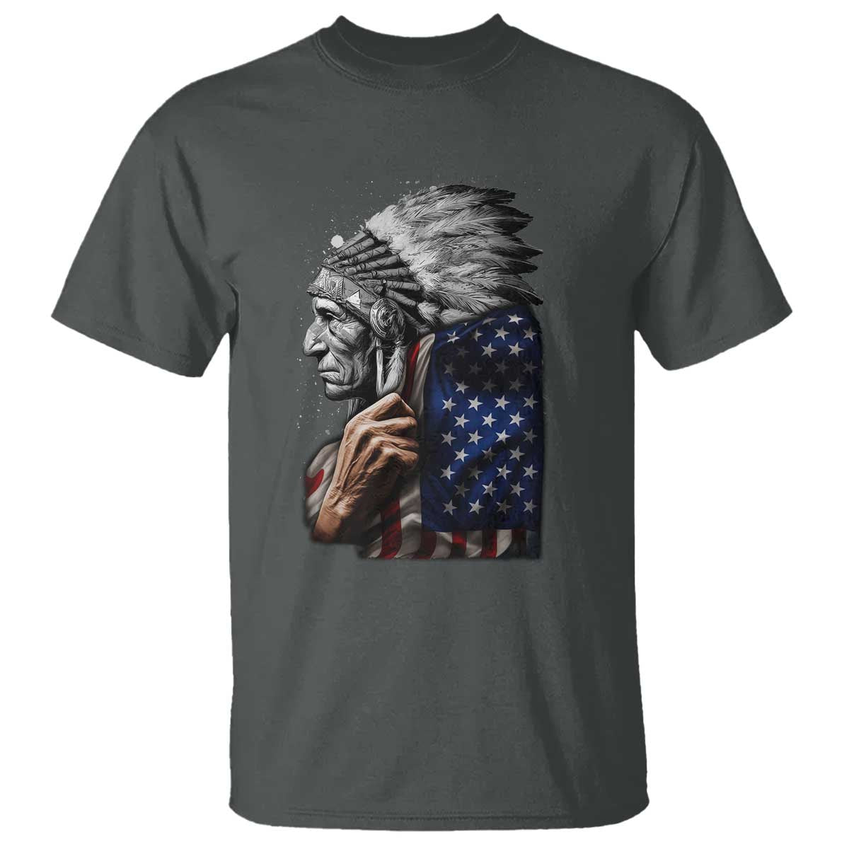 Indian Chief Native American USA Flag T Shirt TS14 Dark Heather Print Your Wear