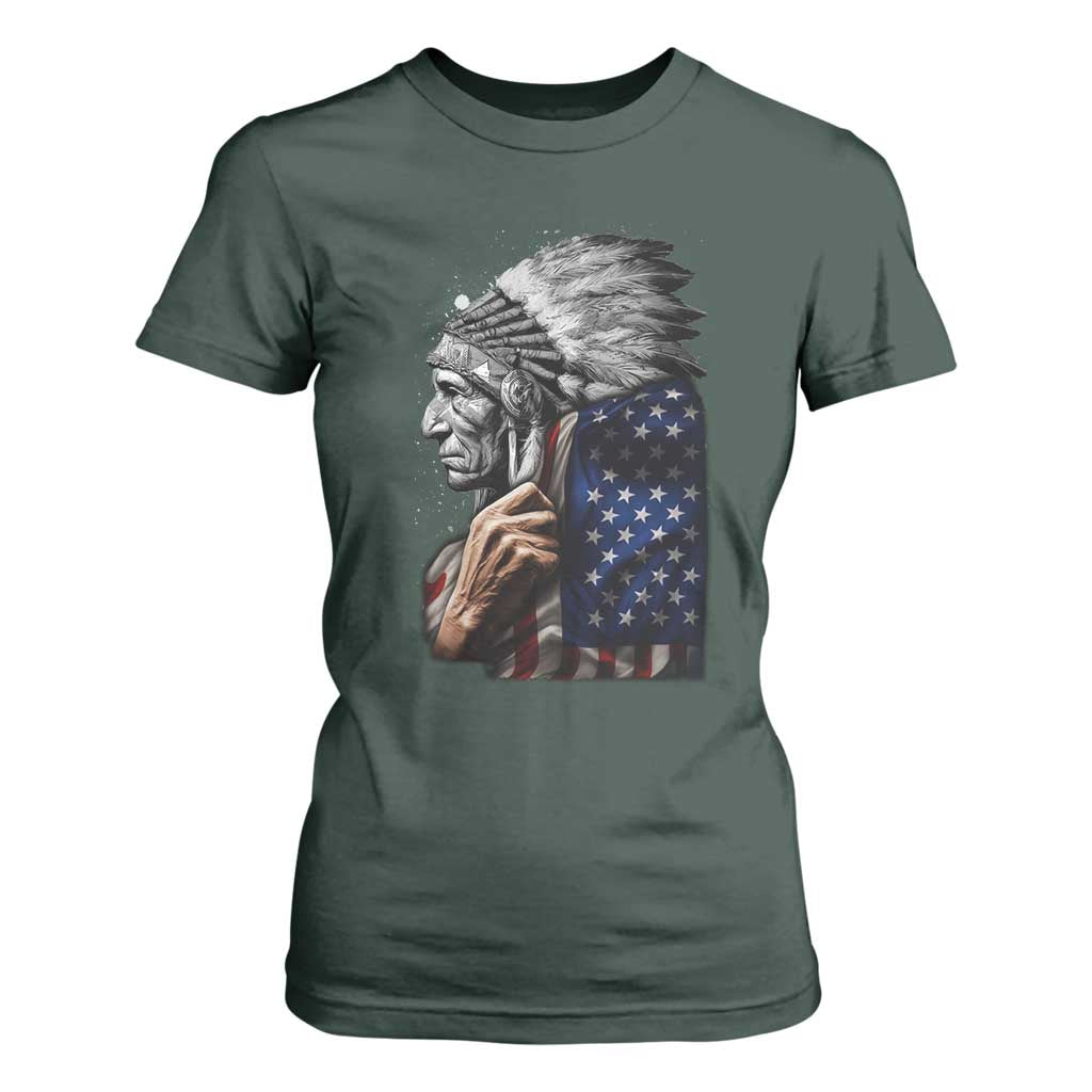Indian Chief Native American USA Flag T Shirt For Women TS14 Dark Forest Green Print Your Wear