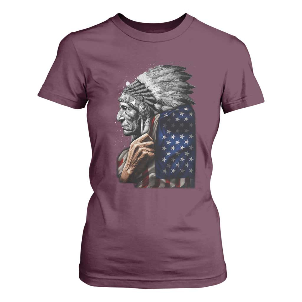 Indian Chief Native American USA Flag T Shirt For Women TS14 Maroon Print Your Wear