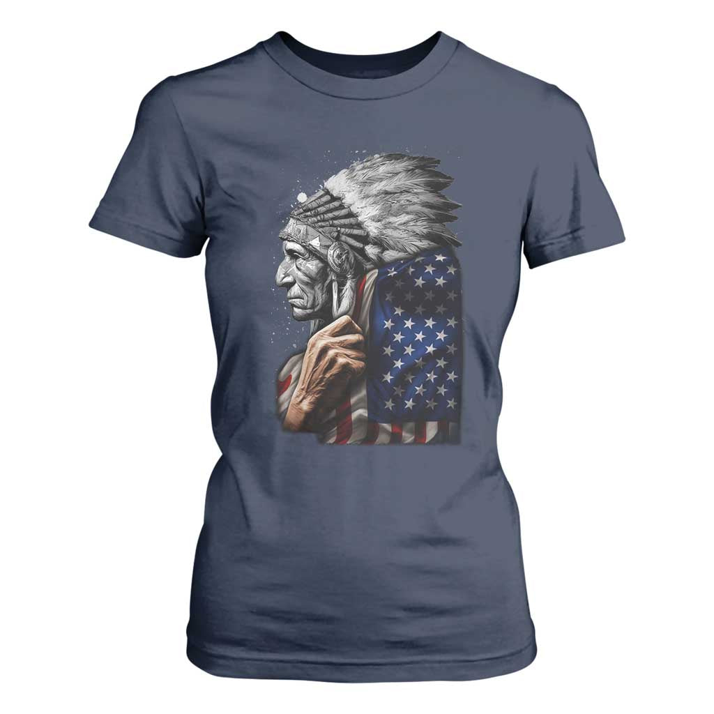 Indian Chief Native American USA Flag T Shirt For Women TS14 Navy Print Your Wear