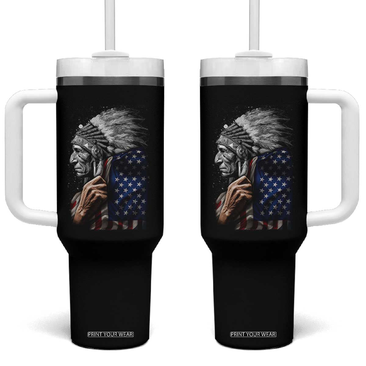 Indian Chief Native American USA Flag Tumbler With Handle TS14 One Size: 40 oz Black Print Your Wear