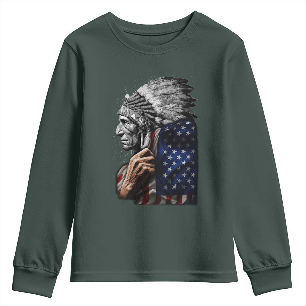 Indian Chief Native American USA Flag Youth Sweatshirt TS14 Dark Forest Green Print Your Wear