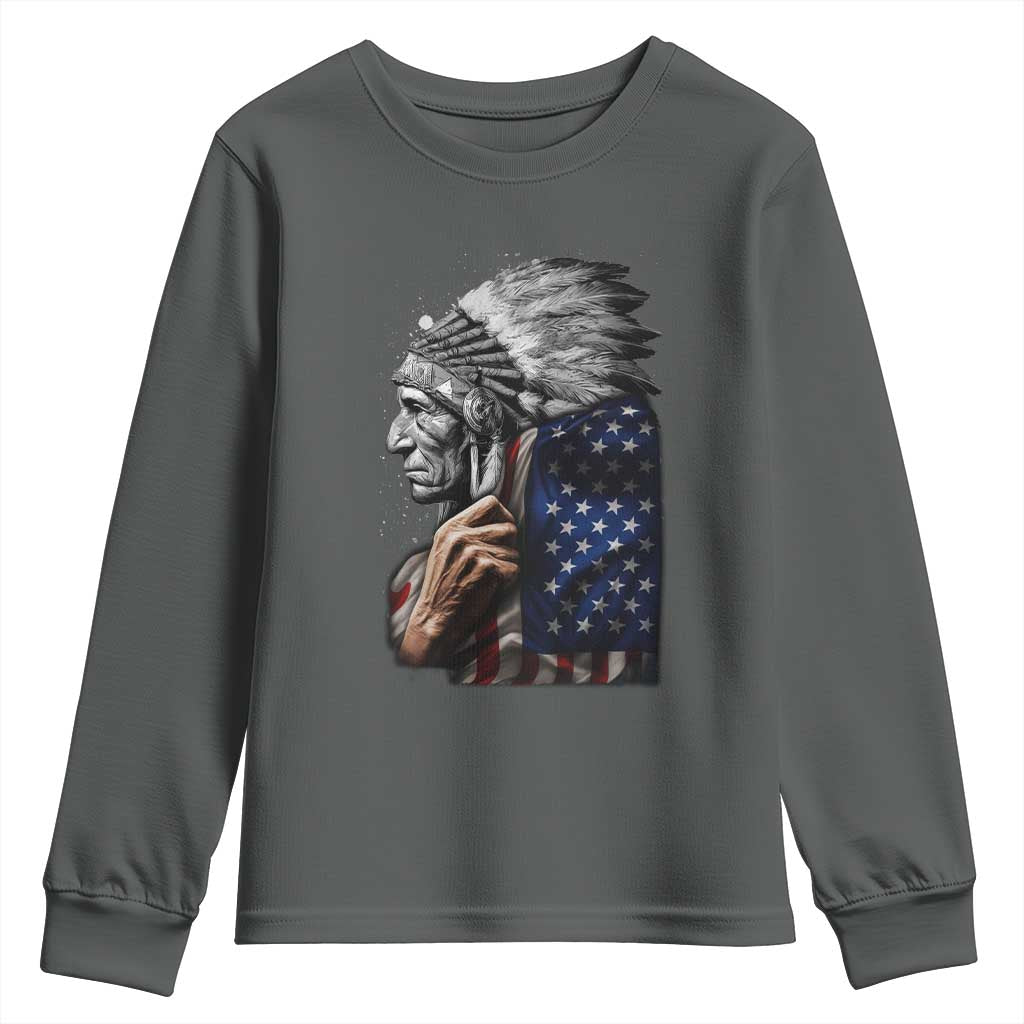 Indian Chief Native American USA Flag Youth Sweatshirt TS14 Dark Heather Print Your Wear