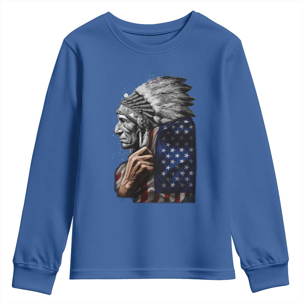 Indian Chief Native American USA Flag Youth Sweatshirt TS14 Royal Blue Print Your Wear