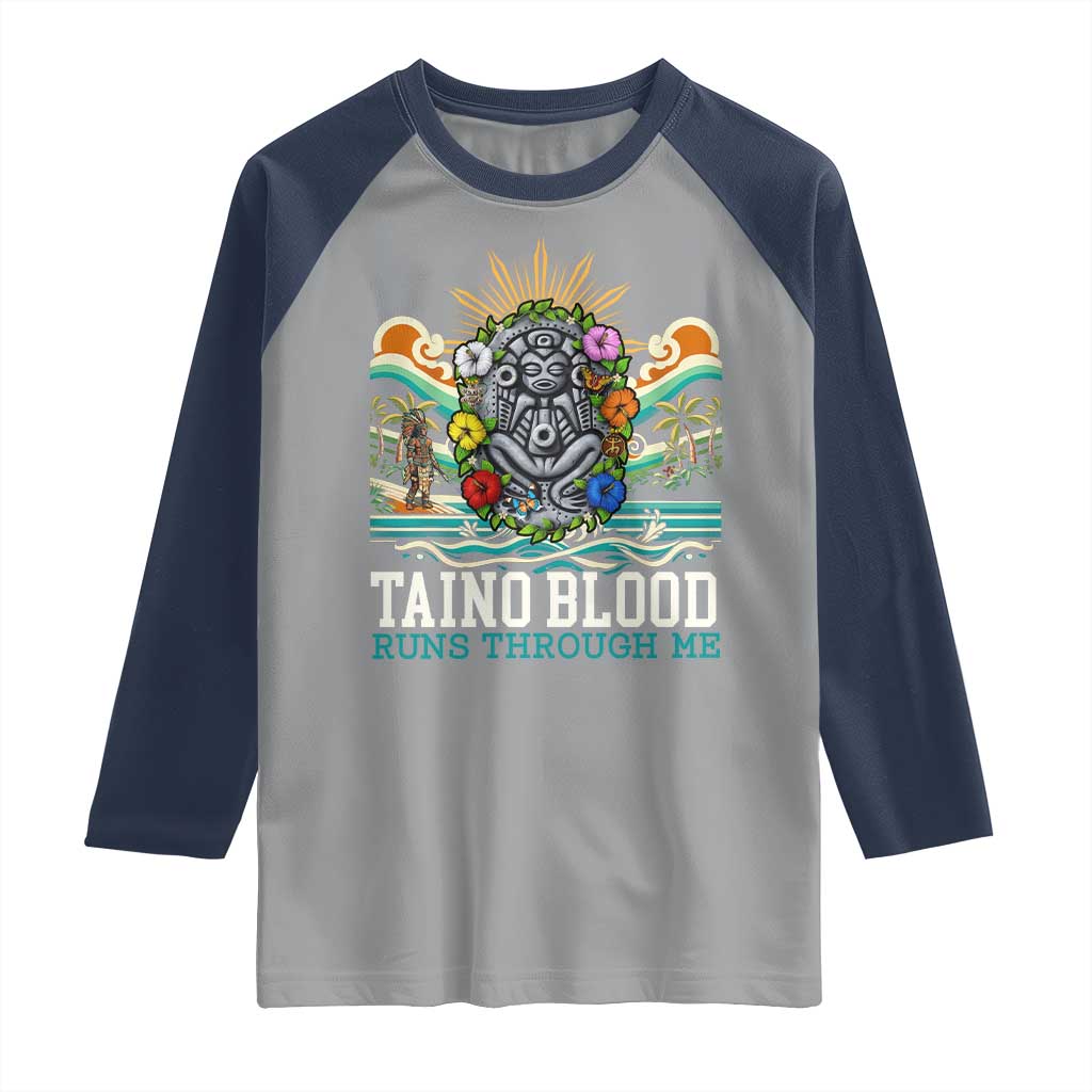 Indigenous Taino Warrior Puerto Rico Carribbean Culture Raglan Shirt Taino Blood Runs Through Me TS14 Sport Gray Navy Print Your Wear