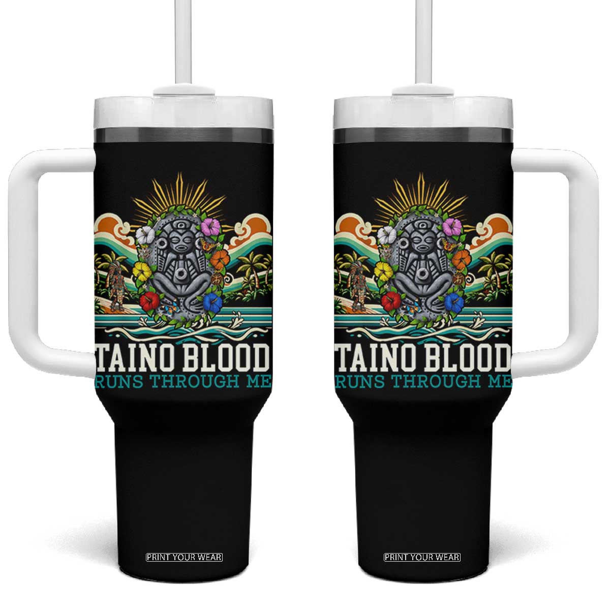 Indigenous Taino Warrior Puerto Rico Carribbean Culture Tumbler With Handle Taino Blood Runs Through Me TS14 One Size: 40 oz Black Print Your Wear