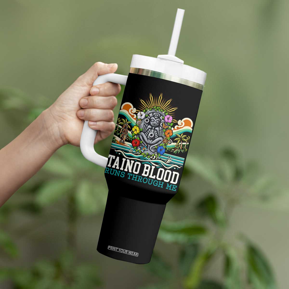 Indigenous Taino Warrior Puerto Rico Carribbean Culture Tumbler With Handle Taino Blood Runs Through Me TS14 Print Your Wear