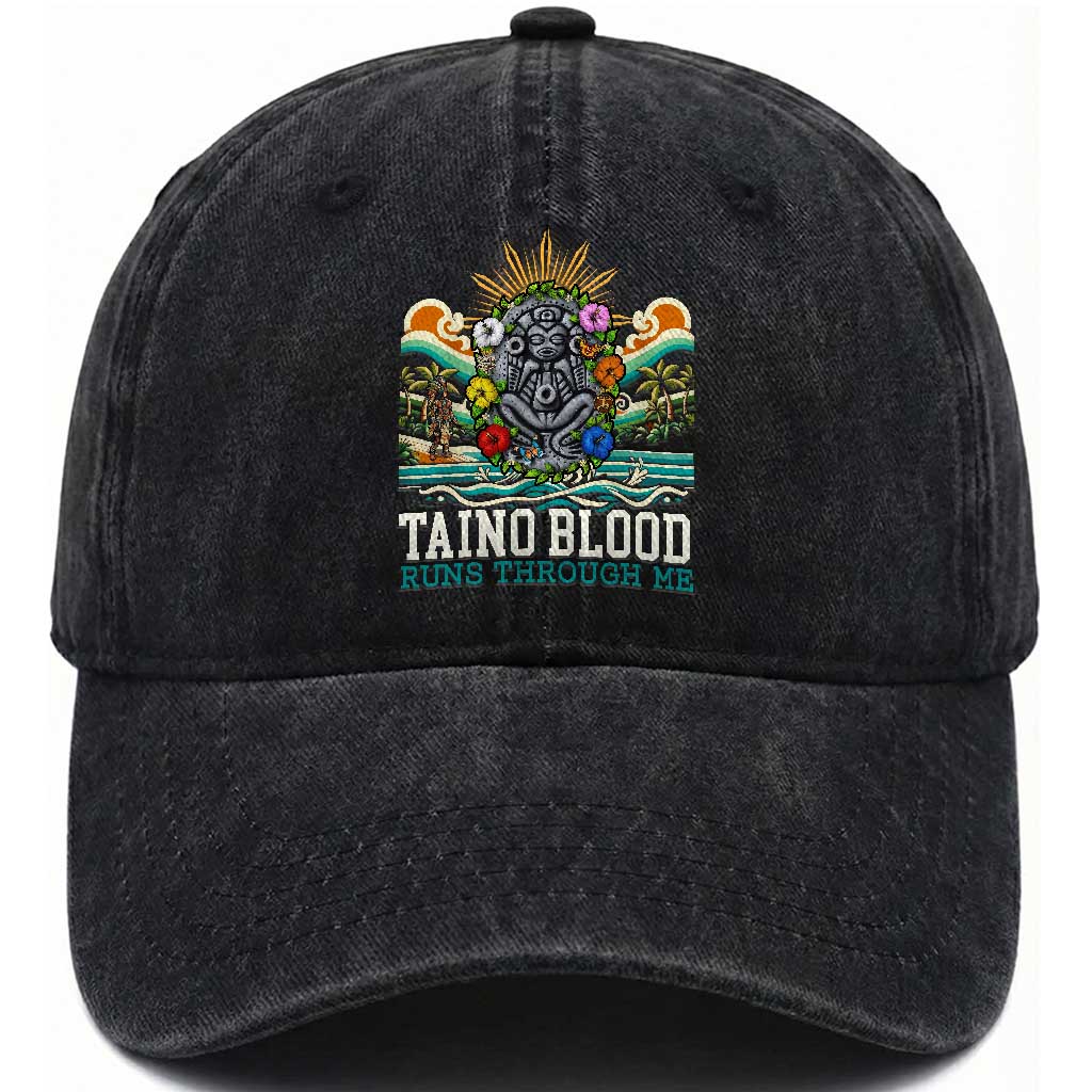 Indigenous Taino Warrior Puerto Rico Carribbean Culture Washed Cotton Baseball Cap Taino Blood Runs Through Me TS14 Washed Cap Universal Fit Black Print Your Wear