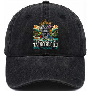 Indigenous Taino Warrior Puerto Rico Carribbean Culture Washed Cotton Baseball Cap Taino Blood Runs Through Me TS14 Washed Cap Universal Fit Black Print Your Wear