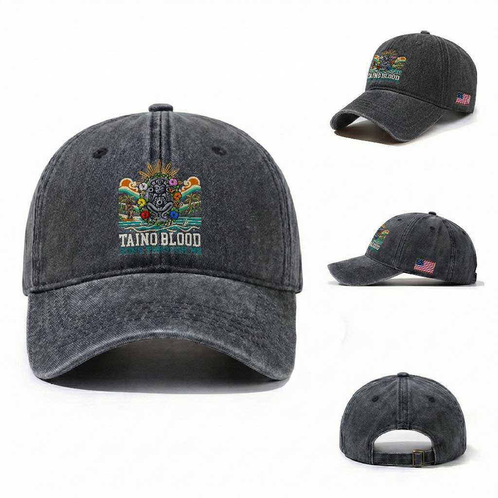 Indigenous Taino Warrior Puerto Rico Carribbean Culture Washed Cotton Baseball Cap Taino Blood Runs Through Me TS14 Washed Cap Universal Fit Dark Gray Print Your Wear