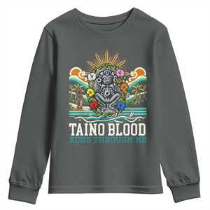 Indigenous Taino Warrior Puerto Rico Carribbean Culture Youth Sweatshirt Taino Blood Runs Through Me TS14 Dark Heather Print Your Wear