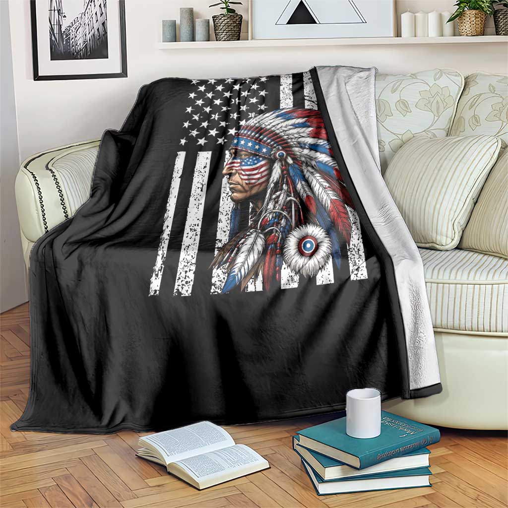 Indigenous People Tribal CG Native American Indian Chief American USA Flag Throw Blanket