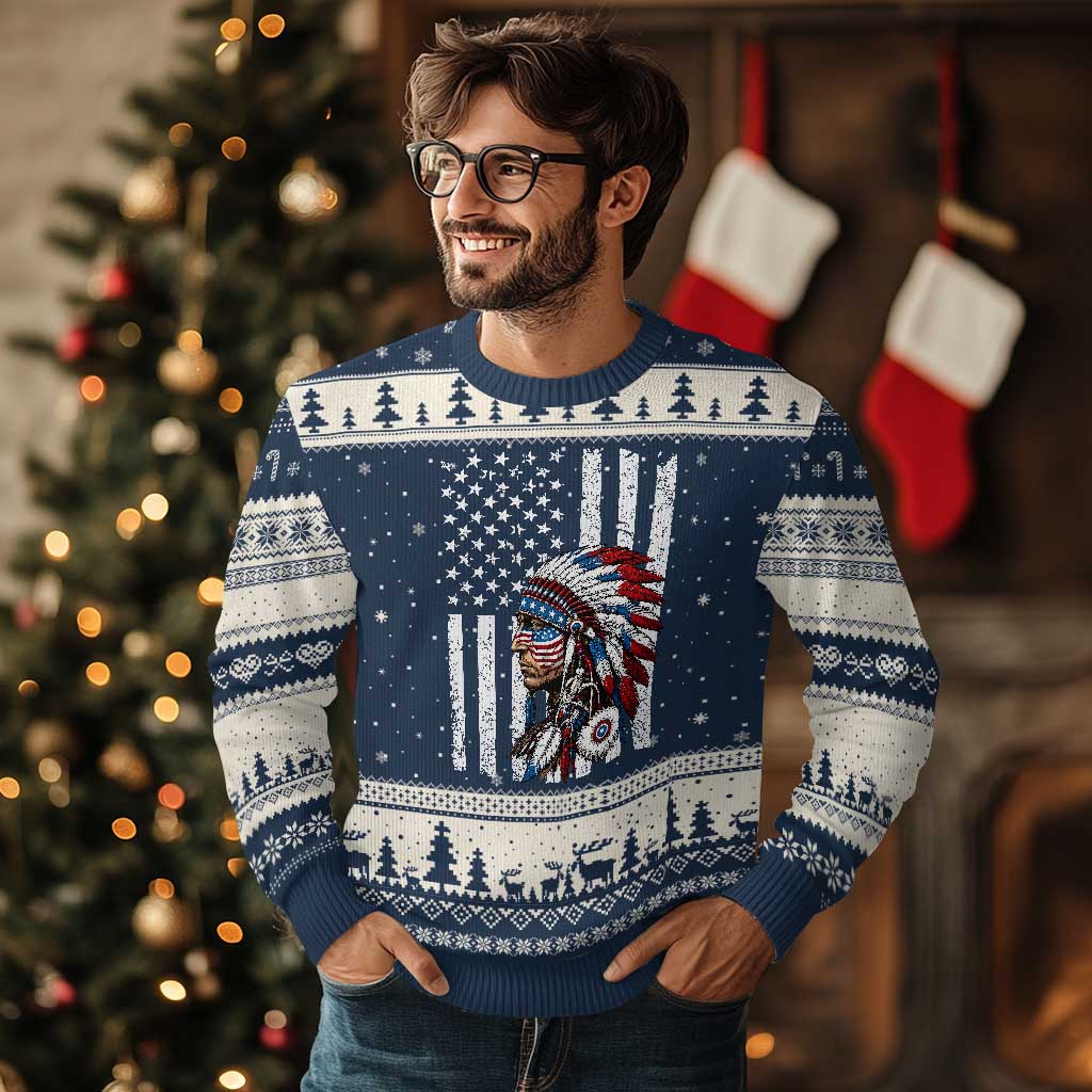 Indigenous People Tribal CG Native American Indian Chief American USA Flag Ugly Christmas Sweater