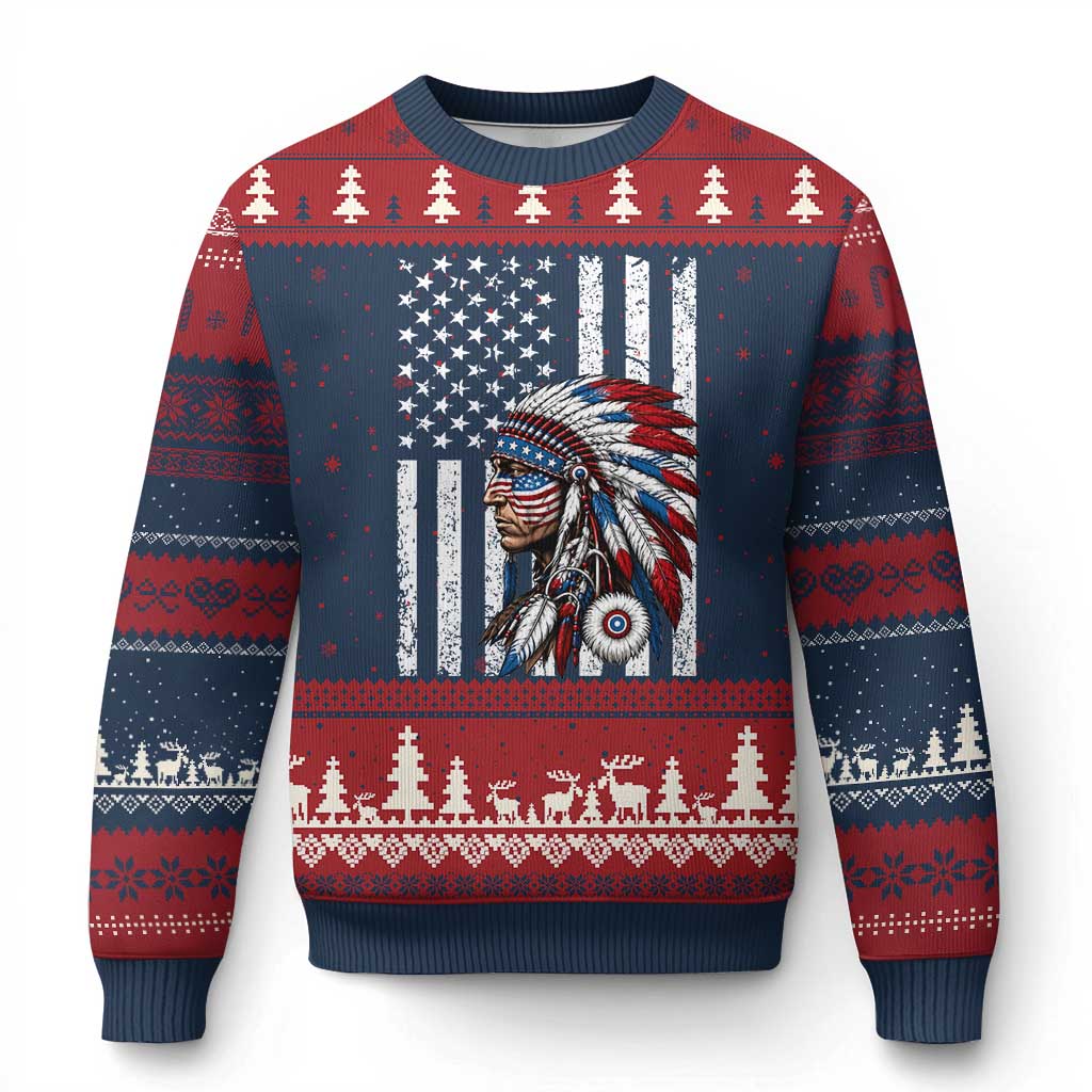 Indigenous People Tribal CG Native American Indian Chief American USA Flag Ugly Christmas Sweater TS14 Navy Red Print Your Wear