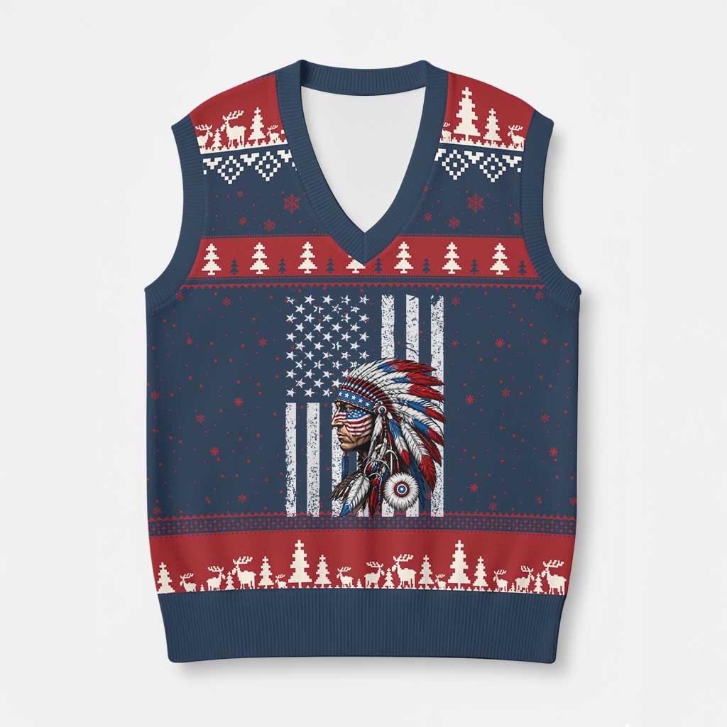 Indigenous People Tribal CG Native American Indian Chief American USA Flag V-Neck Knit Sweater Vest