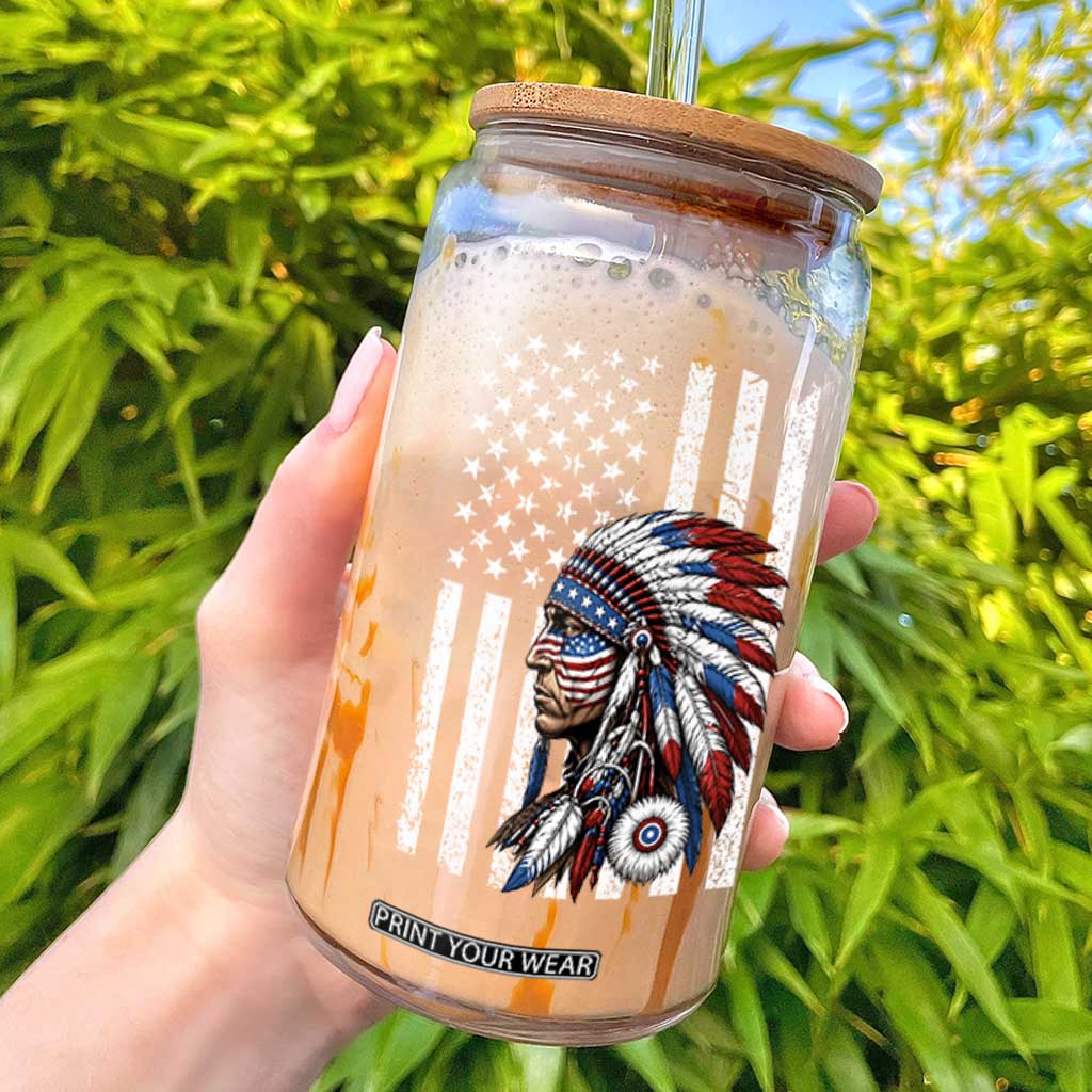 Indigenous People Tribal CG Native American Indian Chief American USA Flag Glass Can TS14 Black Print Your Wear