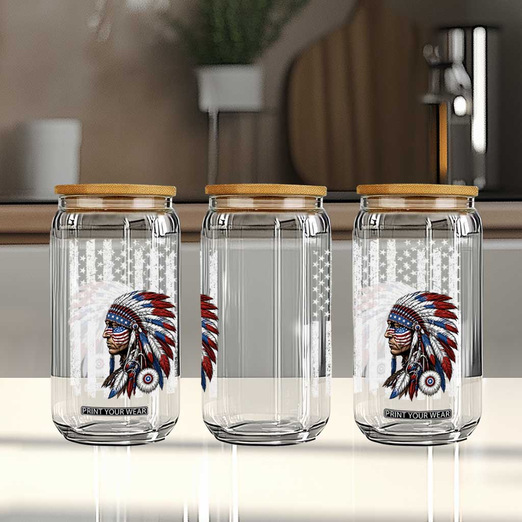 Indigenous People Tribal CG Native American Indian Chief American USA Flag Glass Can