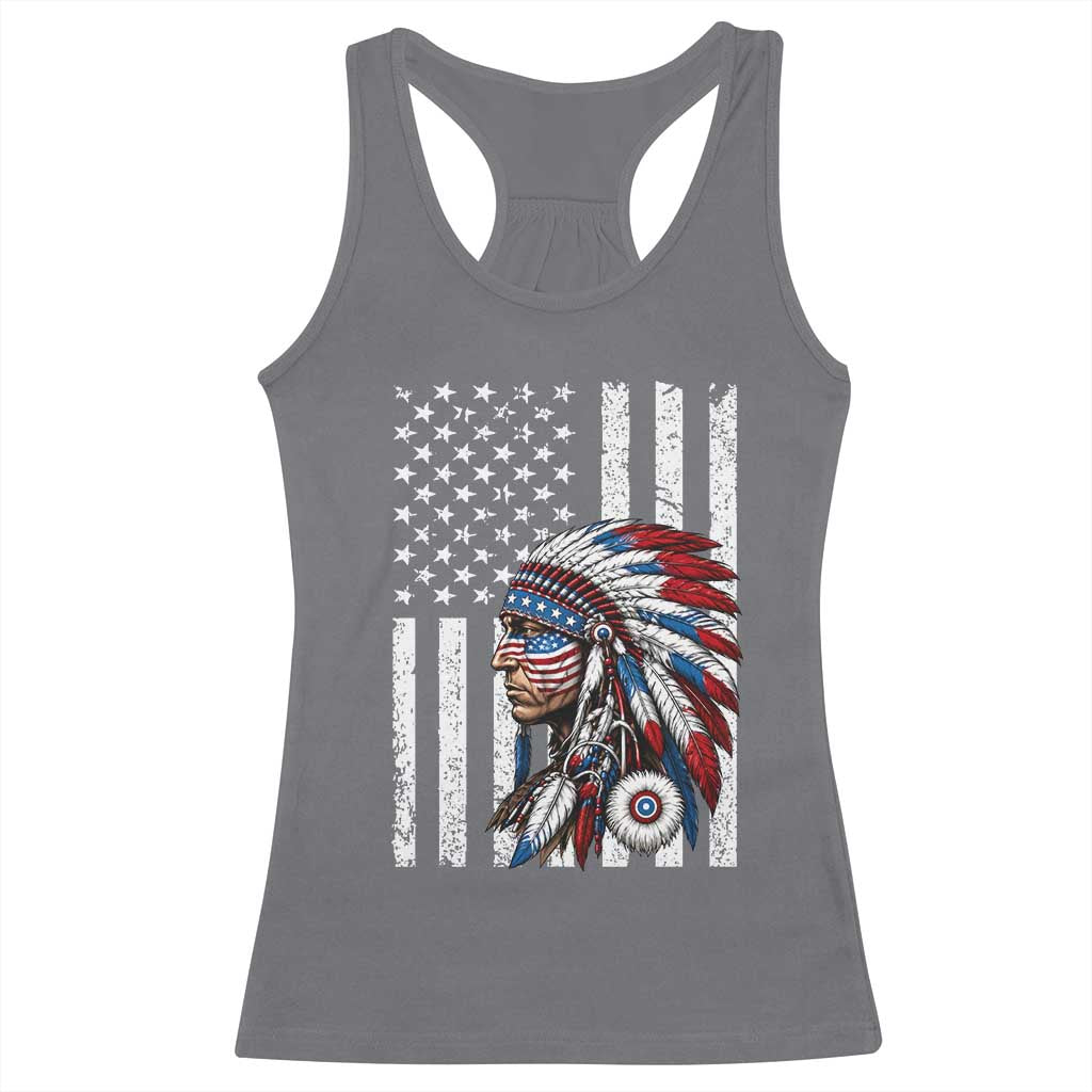 Indigenous People Tribal CG Native American Indian Chief American USA Flag Racerback Tank Top