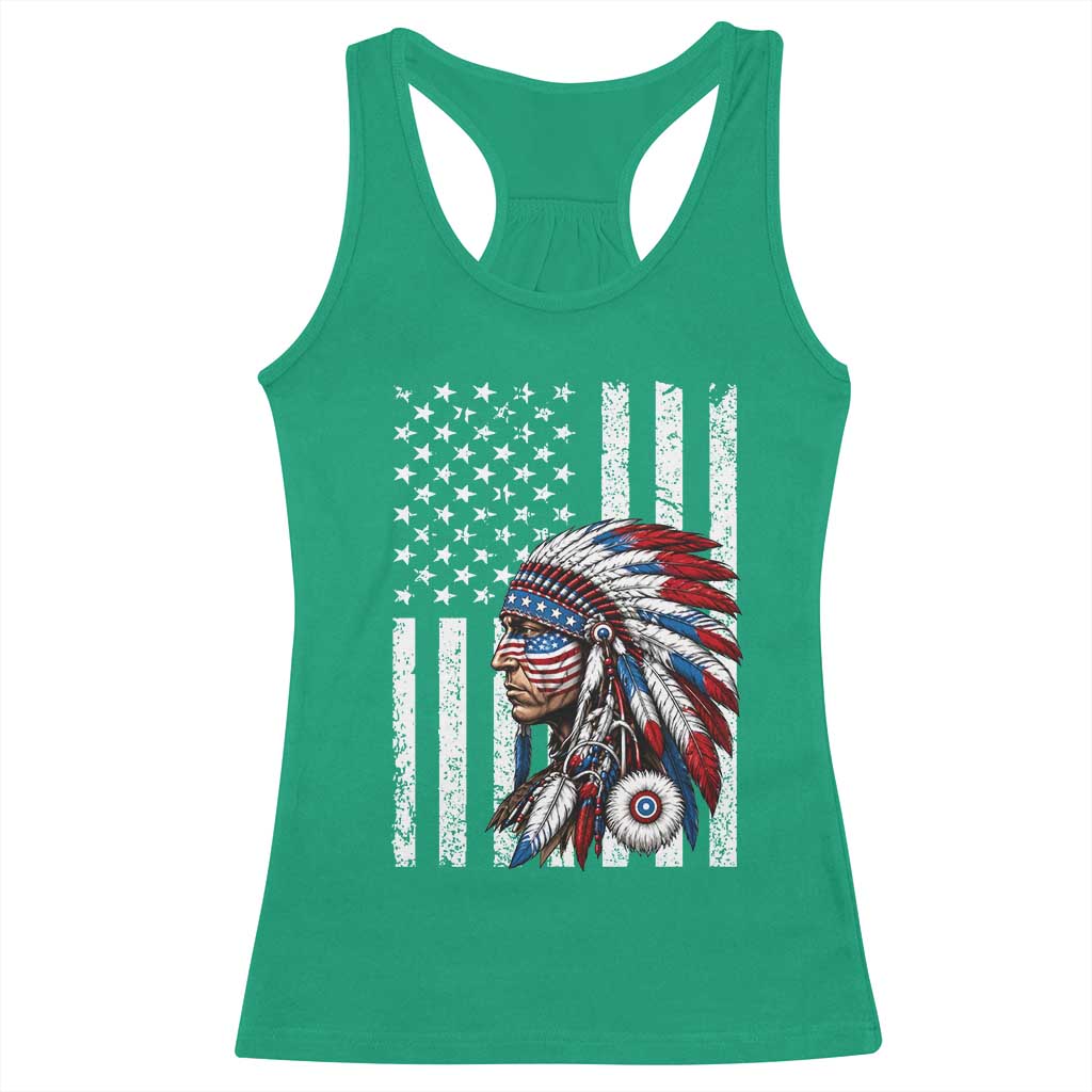 Indigenous People Tribal CG Native American Indian Chief American USA Flag Racerback Tank Top