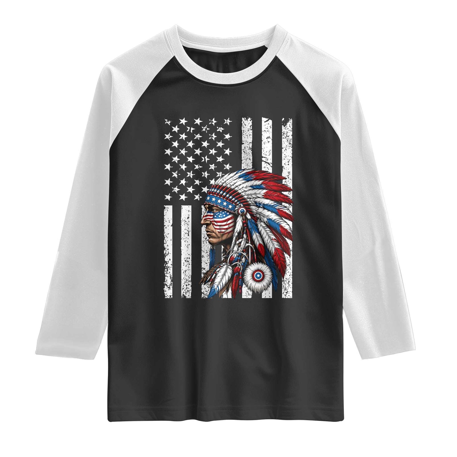 Indigenous People Tribal CG Native American Indian Chief American USA Flag Raglan Shirt TS14 Black White Print Your Wear