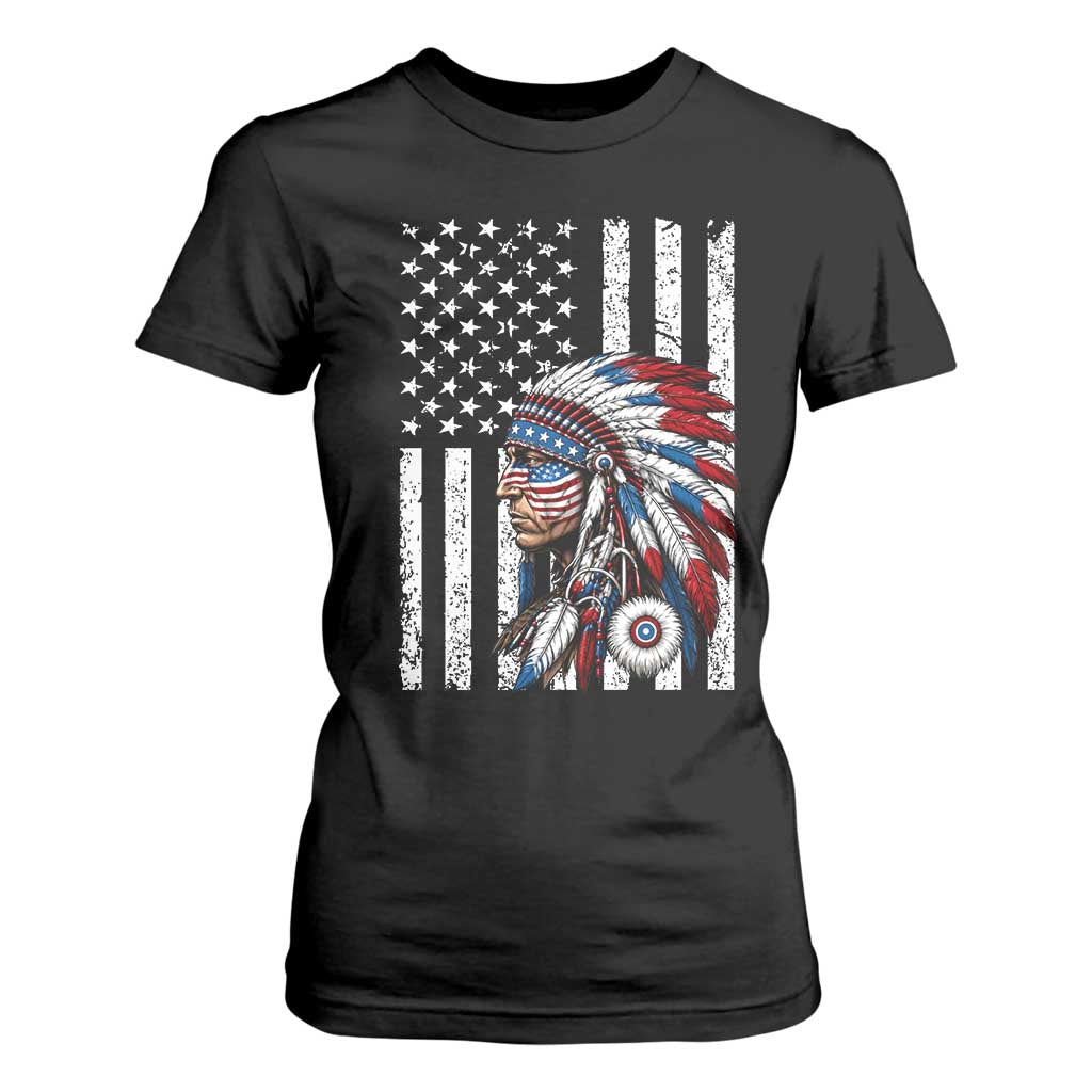 Indigenous People Tribal CG Native American Indian Chief American USA Flag T Shirt For Women