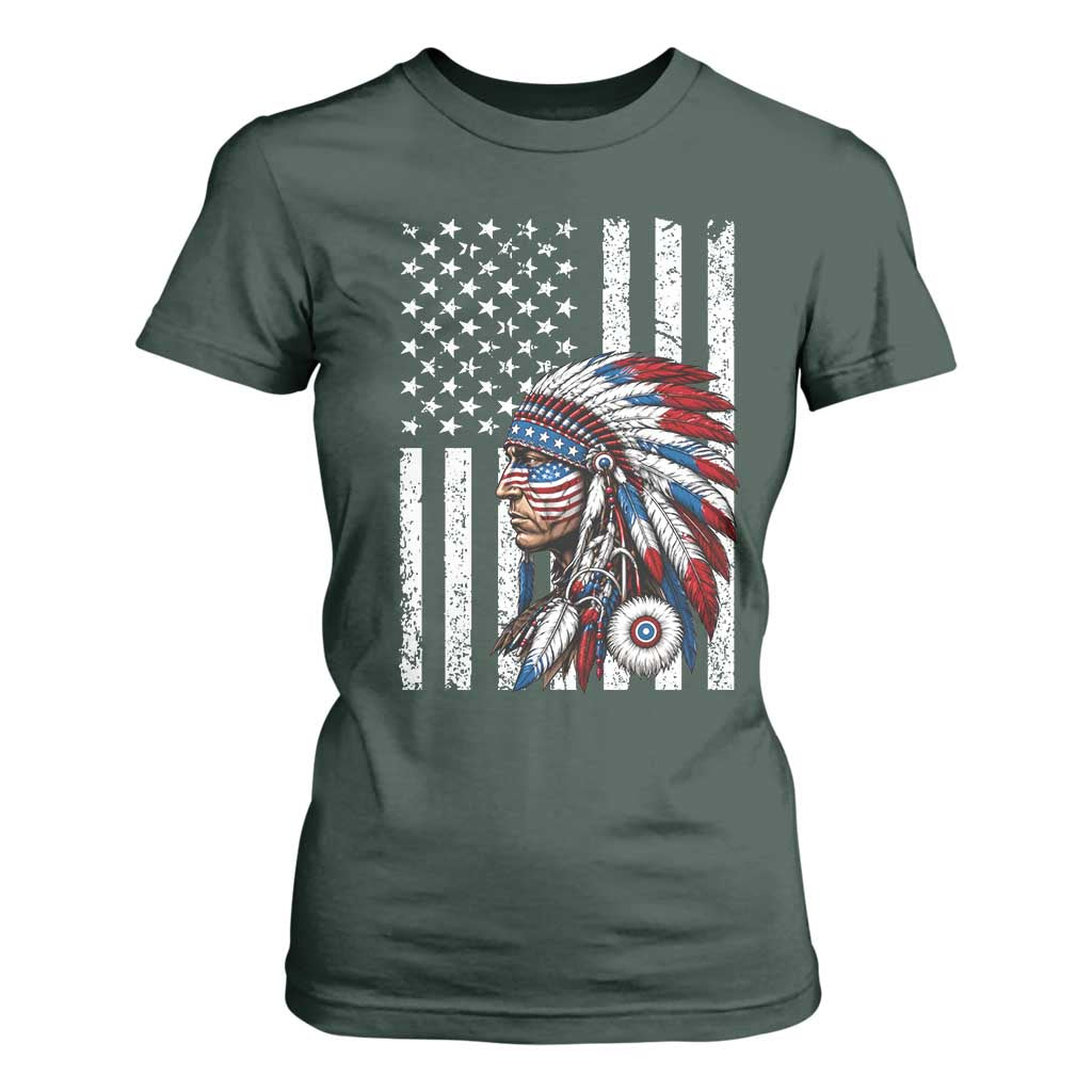 Indigenous People Tribal CG Native American Indian Chief American USA Flag T Shirt For Women