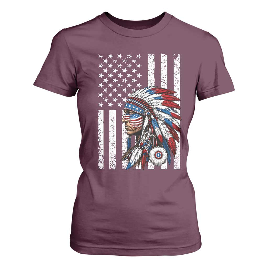 Indigenous People Tribal CG Native American Indian Chief American USA Flag T Shirt For Women