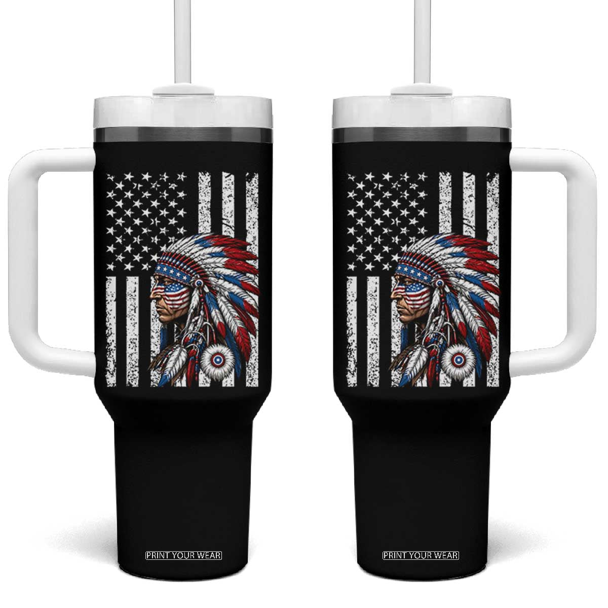 Indigenous People Tribal CG Native American Indian Chief American USA Flag Tumbler With Handle TS14 One Size: 40 oz Black Print Your Wear
