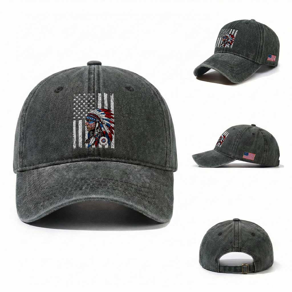 Indigenous People Tribal CG Native American Indian Chief American USA Flag Washed Cotton Baseball Cap