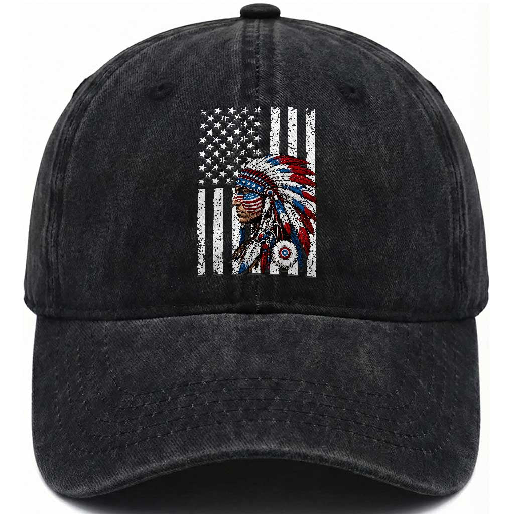 Indigenous People Tribal CG Native American Indian Chief American USA Flag Washed Cotton Baseball Cap TS14 Print Your Wear